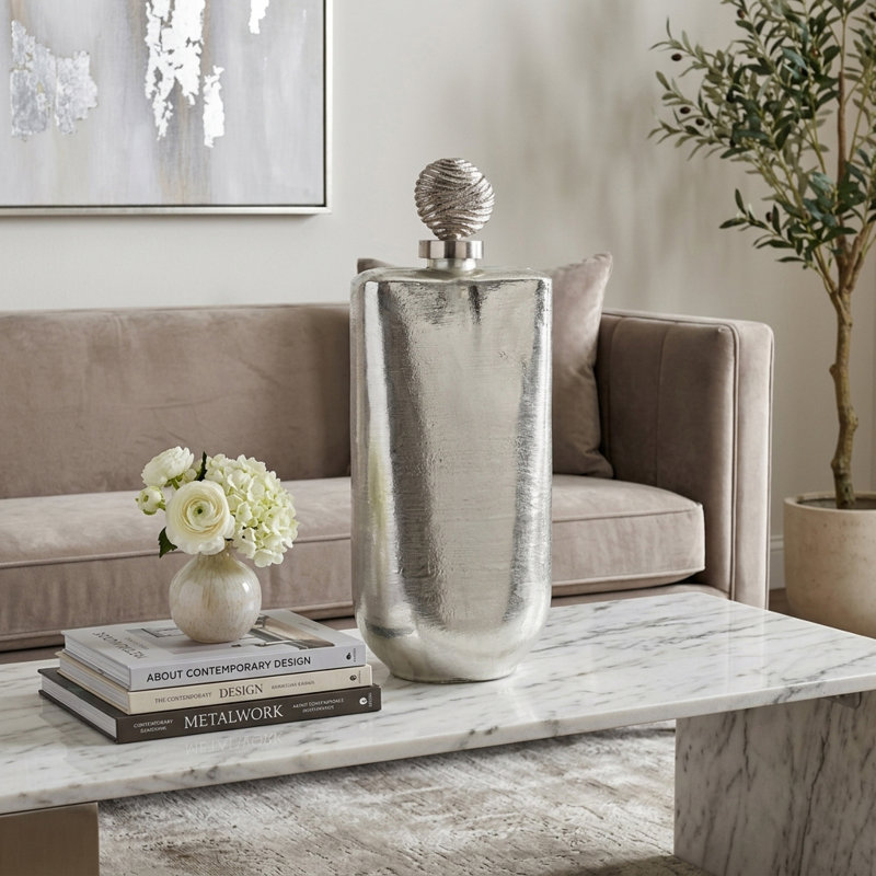 Grand pot contemporain avec dessus en forme de globe en métal pour présentoir de hall d'entrée, H 19 po x l 8 po x P 8 po