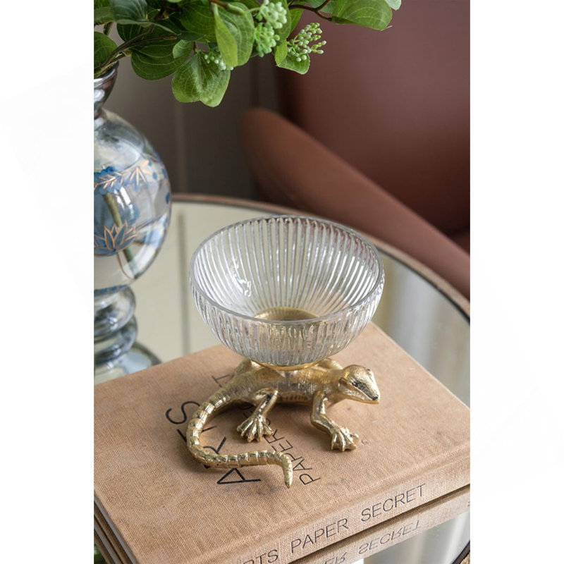 Bol à piédestal lézard doré 5 x 5 x 4,5 po avec plat en verre nervuré