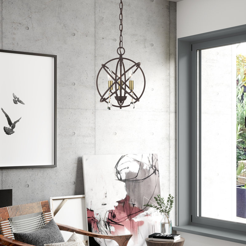 Luminaire suspendu sphérique unique à 3 lumières avec détails en cristal Laclair, Bronze
