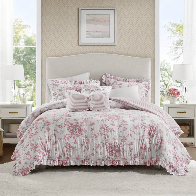Ensemble d'édredon 5 pièces Adele, Motif floral rose, Édredon double/grand + 4 pièces additionnelles