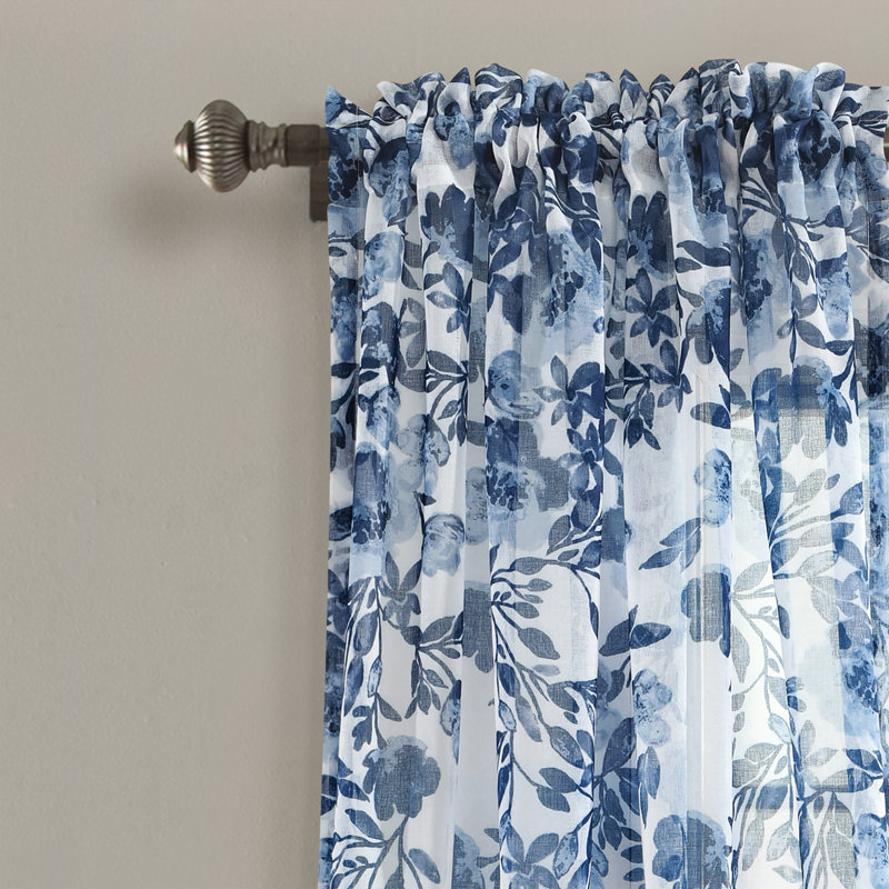 Extra Long White Sheer Polyester Floral Rod Pocket Drapes