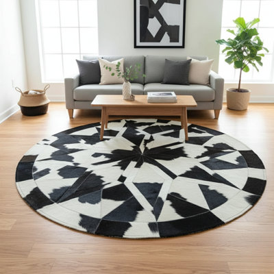 Black White Round Cowhide Rug, Patchwork Leather Circle Rug, Modern Cowhide Carpet For Home Dacor