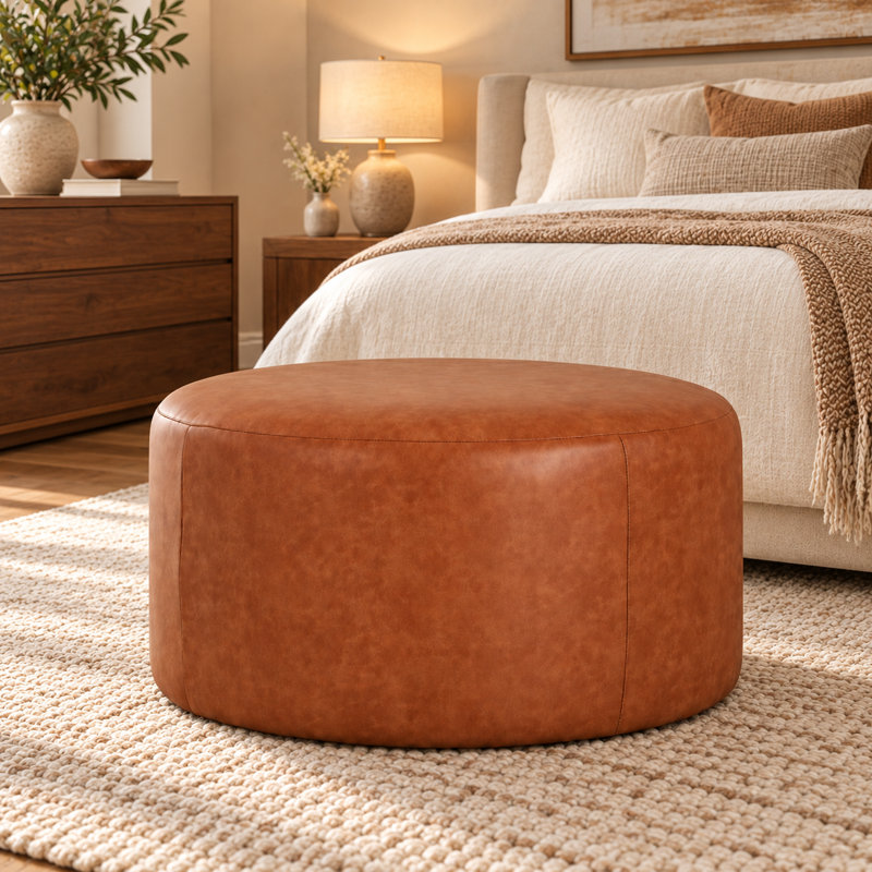 Round Ottoman, Light Brown