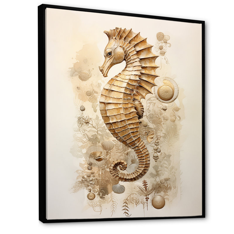 Hippocampe magique beige III sur toile, Cadre flottant noir, H 32 po x l 24 po x P 1 po