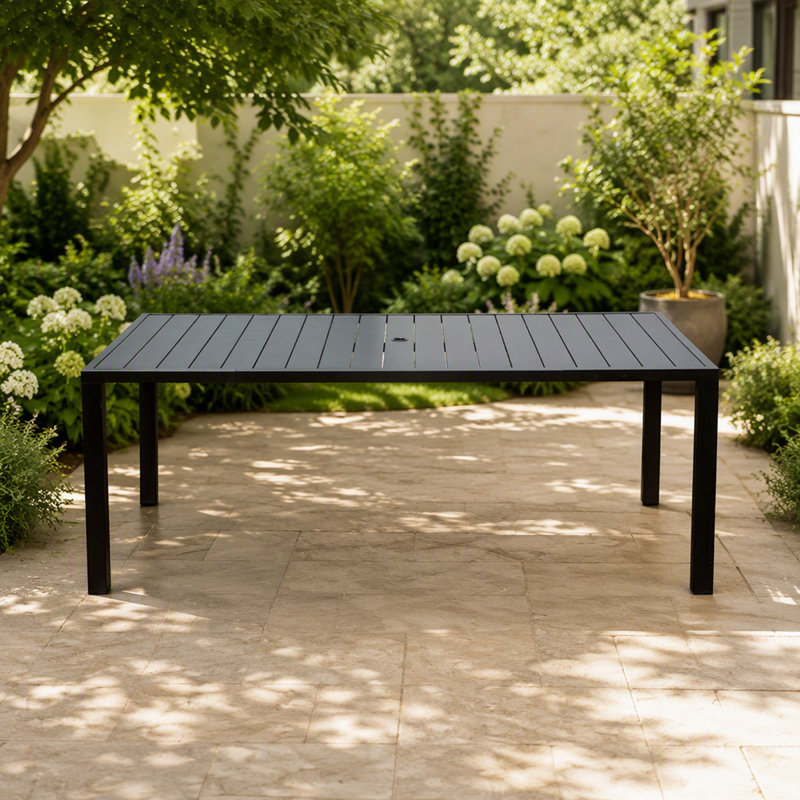 Outdoor Rectangular Slatted Metal Patio Dining Table for 8 Person, with Umbrella Hole