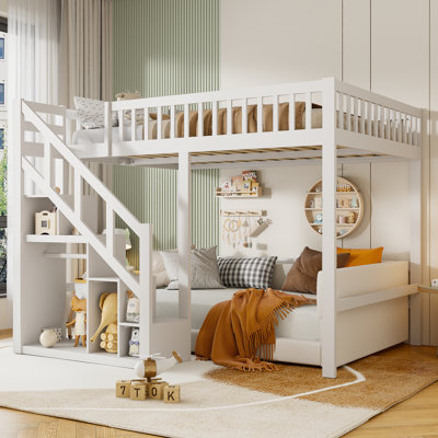 Single Loft Bed, Bunk Bed With Built-In Wardrobe, Space Saving Solid Wood Loft Bed Frame With Storage For Dormitories And Apartments, White(90 X 200 Cm)