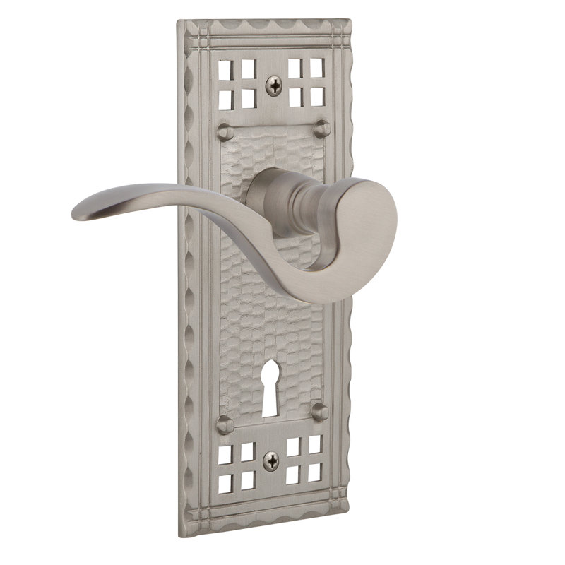 Plaque de passage artisanal (couloir et garde-robe) avec trou de serrure décoratif et levier de manoir, Nickel satiné, 2-3/4"