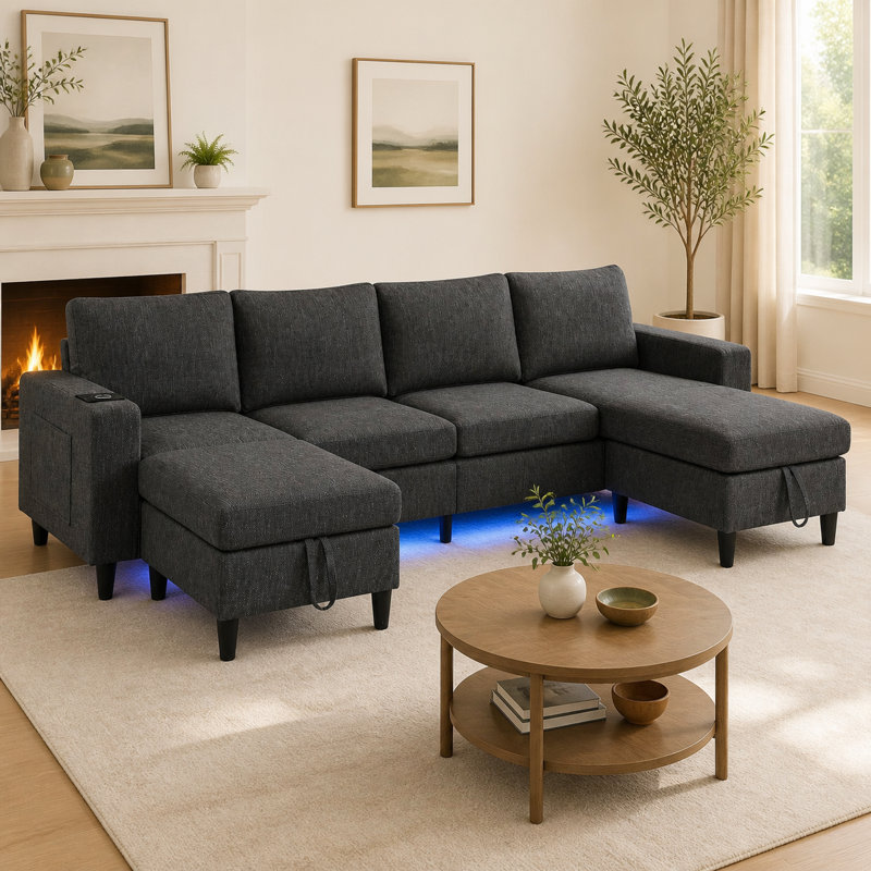 109" Reversible U-Shaped Sectional Sofa Couch with 2 Storage Ottomans, LED Lights & Charging Station, Gray