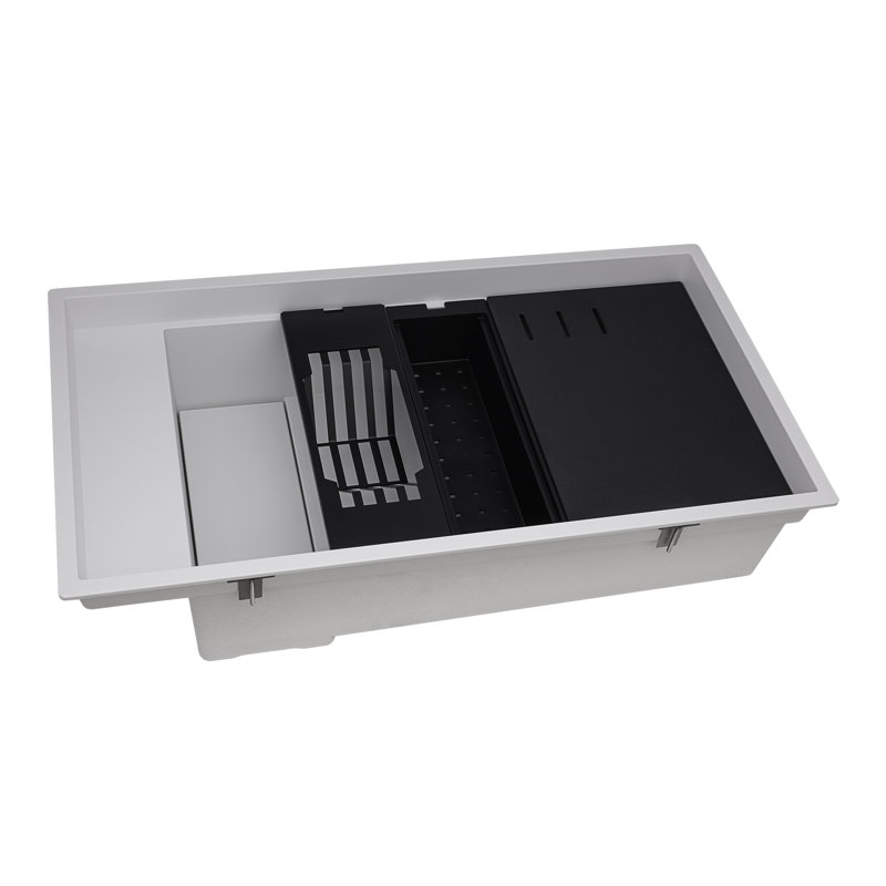 Ruvati 18 x 34 inch Granite Composite Quartz Workstation Kitchen Sink epiStage Dual Mount Single Bowl - Arctic White Matte -