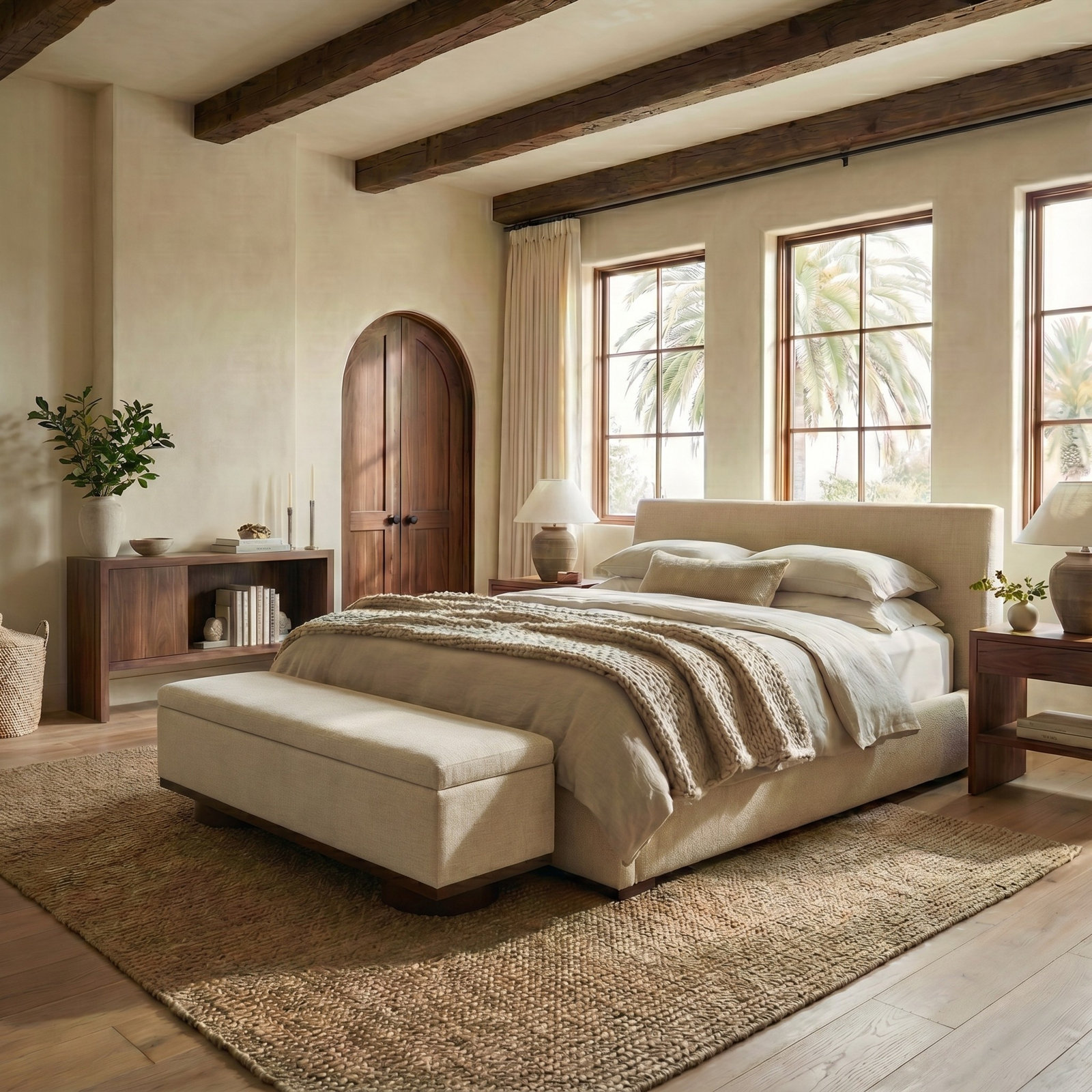 Morje 61" Linen Entryway Bench, Beige Linen, Walnut