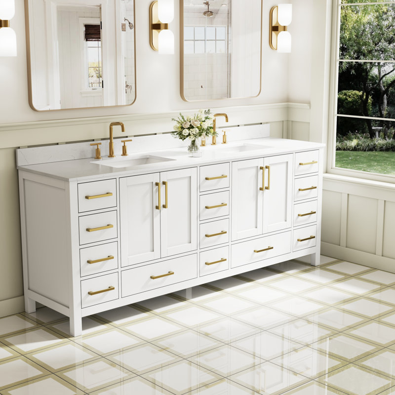 Meuble-lavabo autoportant en bois massif l 84 po x H 35 po avec comptoir en marbre de culture blanc de Carrare et double lavabo en céramique, blanc