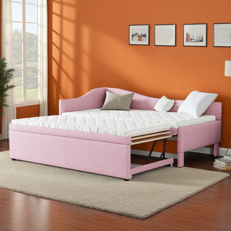 Twin Size L-Shaped Upholstered Daybed with Pop-Up Trundle for Compact Spaces, Pink