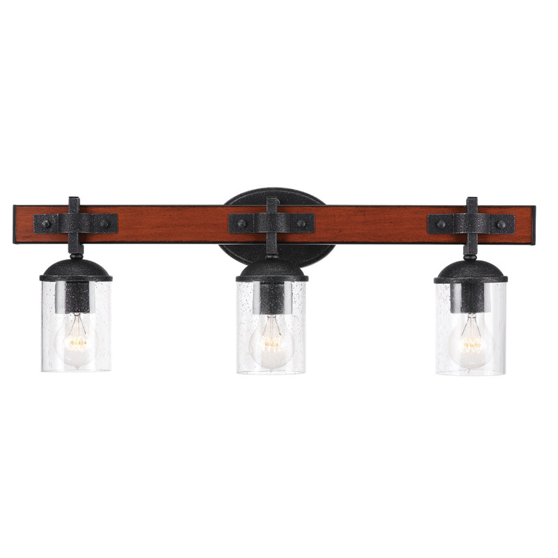 Éclairage pour salle de bain 3 lumières Kingston, simili bois foncé, détails en métal galvanisé, abat-jour en verre bullé transparent
