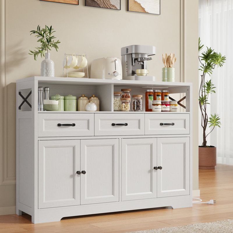 Solid Wood Farmhouse Buffet Cabinet – Charging Port, 3 Drawers, 4 Doors & Adjustable Storage, White