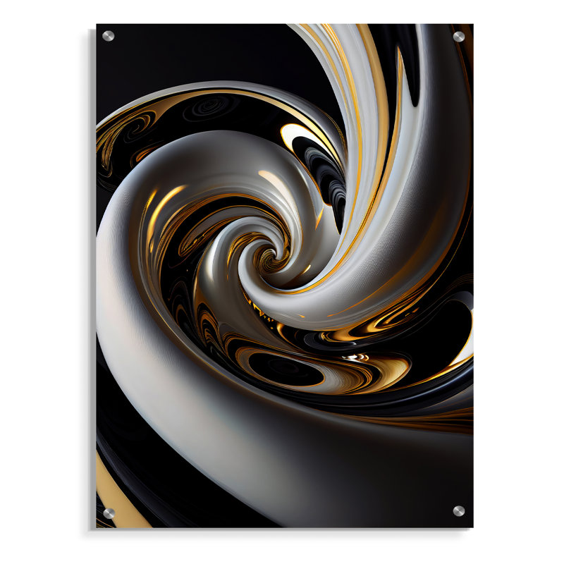 Vitrail doré noir et blanc III - Spirales abstraites, art mural acrylique, H 20 po x l 12 po