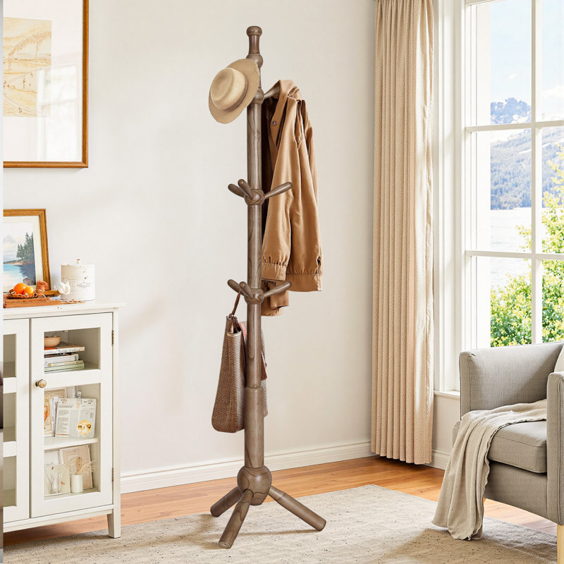 9-Hook Solid Wood Freestanding Coat Rack with 3 Adjustable Heights