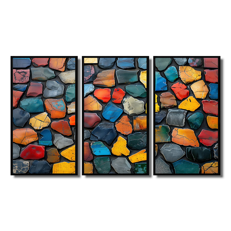 «Colorful Mosaic Tiles Beauty II - Boho Mosaic Decor», ensemble de reproduction d'art mural, Toile avec cadre flottant noir