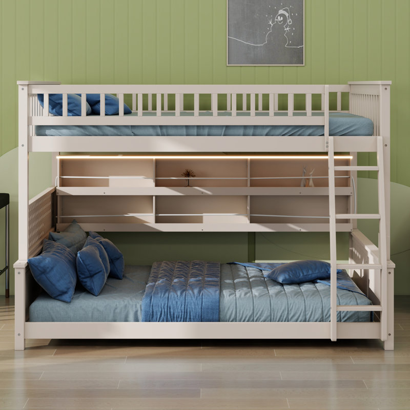 Bunk Bed Featuring Built In Shelving, Color Changing  Lights and Pegboard, Beige, Full XL over Queen
