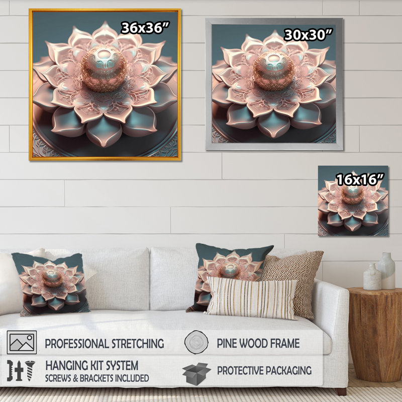 Exquis mandala de lotus or rose sur toile, Cadre flottant blanc, 30" H x 30" W