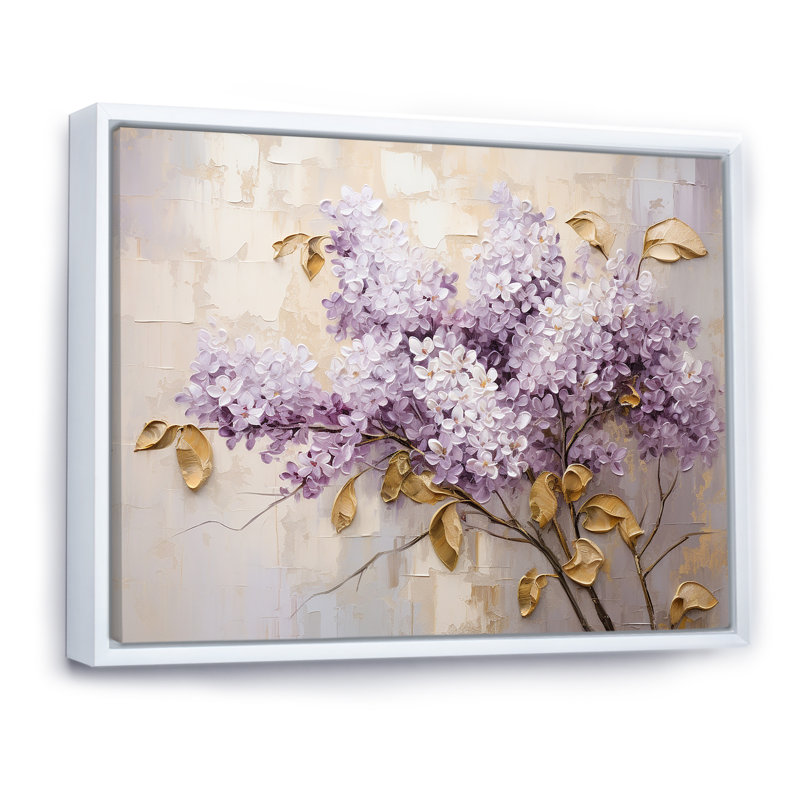 Mauve et doré pastel Lilac Dreams V - Lilas, art mural, Cadre flottant blanc, 16" H x 32" W