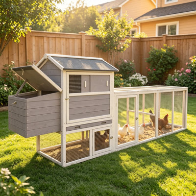 114" Wooden Chicken Coop With Run, Large Outdoor Hen House With Nesting Box for 2-6 Chickens, Outdoor Chicken Cage, Weatherproof Chicken Cage for Backyard Garden Outdoor Living, Natural（gray+white）