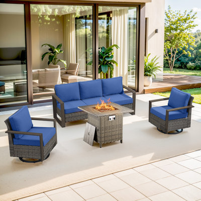 Palomares Swivel 4-Piece Outdoor Wicker Patio Conversation Set With Cushions, Square Fire Pit Table