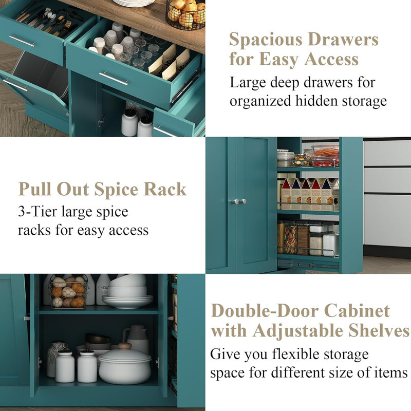 Îlot de cuisine sur roulettes avec rangement pour poubelle, table d'îlot portable pour la cuisine, Naturel / vert foncé