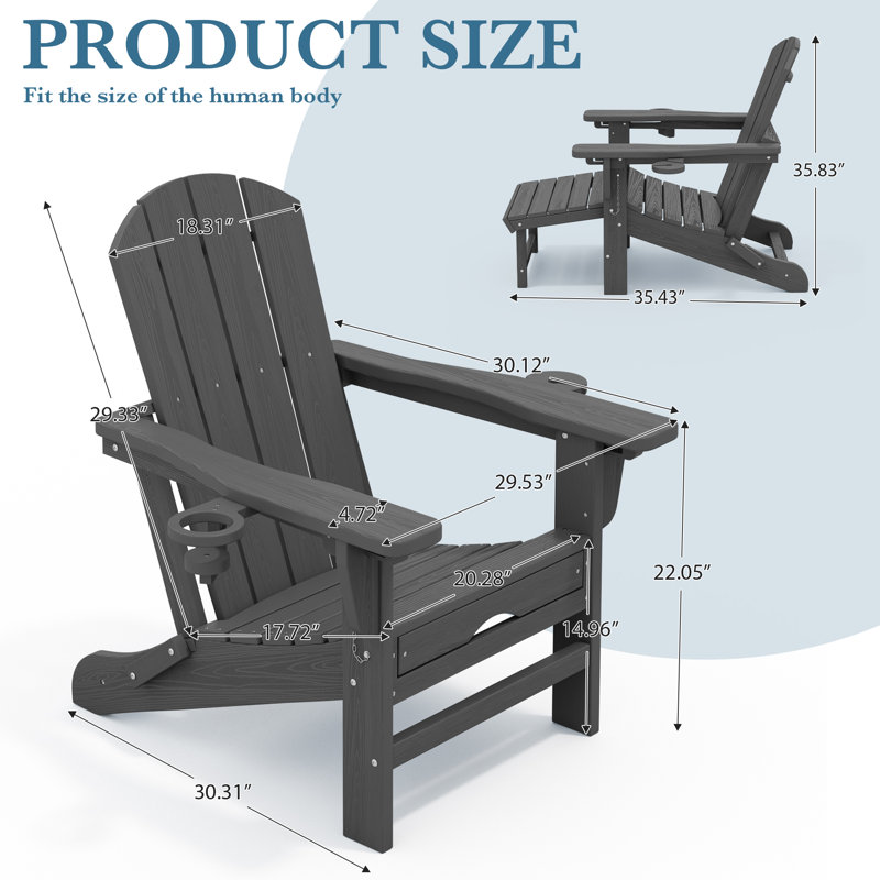 HDPE Foldable Adjustable Outdoor Adirondack Chair With Ottoman and Double Cup Holder, Gray