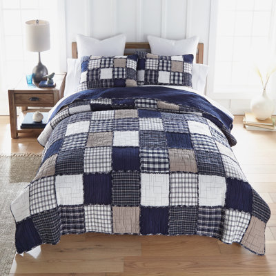 Donna Sharp Checkerboard Indigo 3PC Ragged Pieced Cotton King Quilt Set