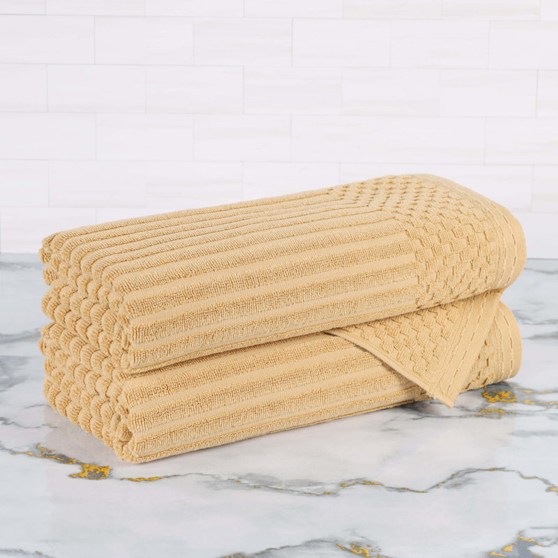 Kaelea Soho Cotton Ribbed Checkered Border Medium Weight 3 Piece Assorted Bathroom Towel Set, Bath Towel 2-Pack, Gold