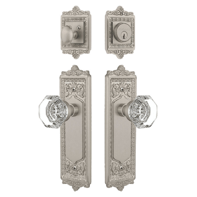 Nostalgic Warehouse Egg & Dart Entry Set with Waldorf Crystal Knob, Satin Nickel, 2.375