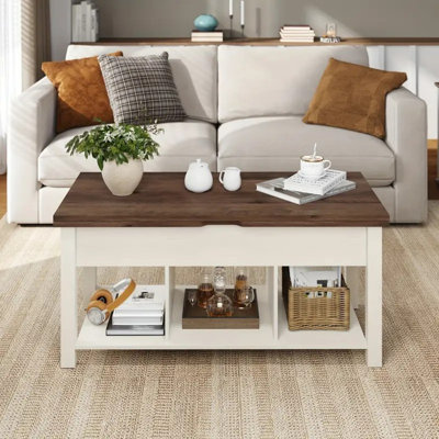 Table basse convertible 4 en 1 avec plateau relevable, compartiments cachés et tablette ouverte - Design moderne blanc pour le salon, parfaite pour les ordinateurs portables, les livres et les accessoires, table basse pour le salon