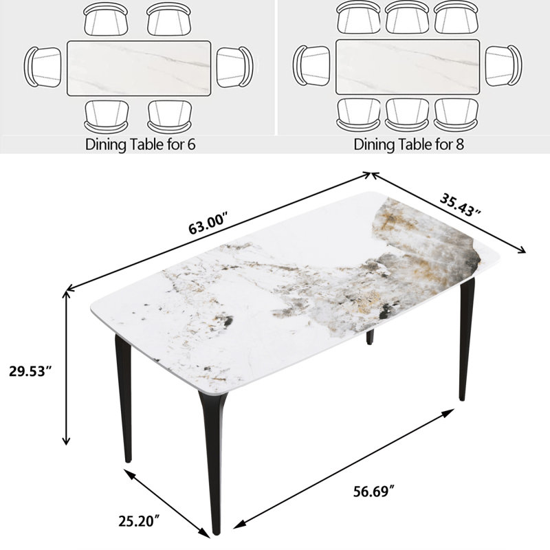 Table de salle à manger Eniel, Marbre blanc, H 29,5 po x P 35,5 po x L 63 po, Noir