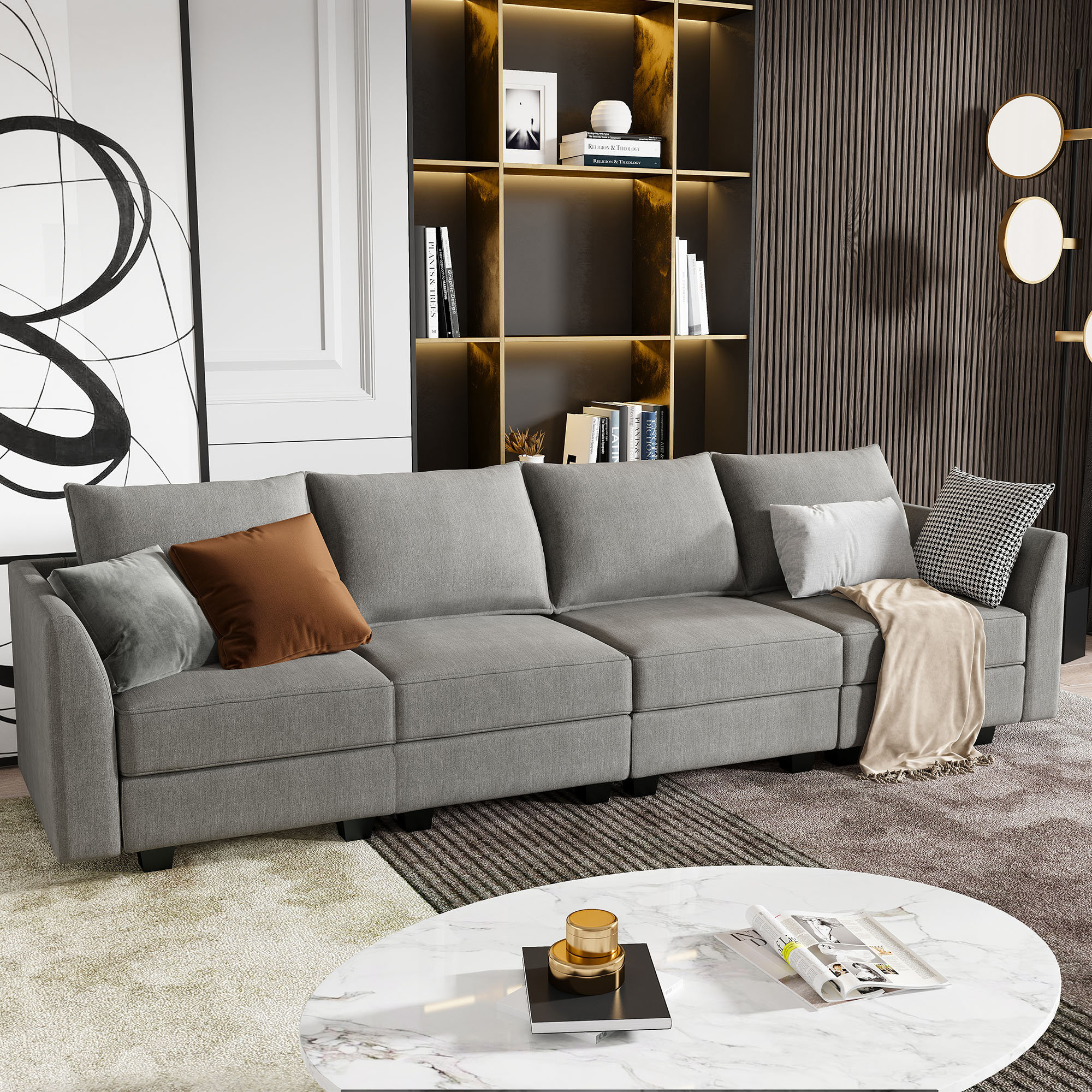 HONBAY Velvet Sectional Sofa Couch Set with Chaise and Tufted Back Cushions  for Living Room, Dull Grey 