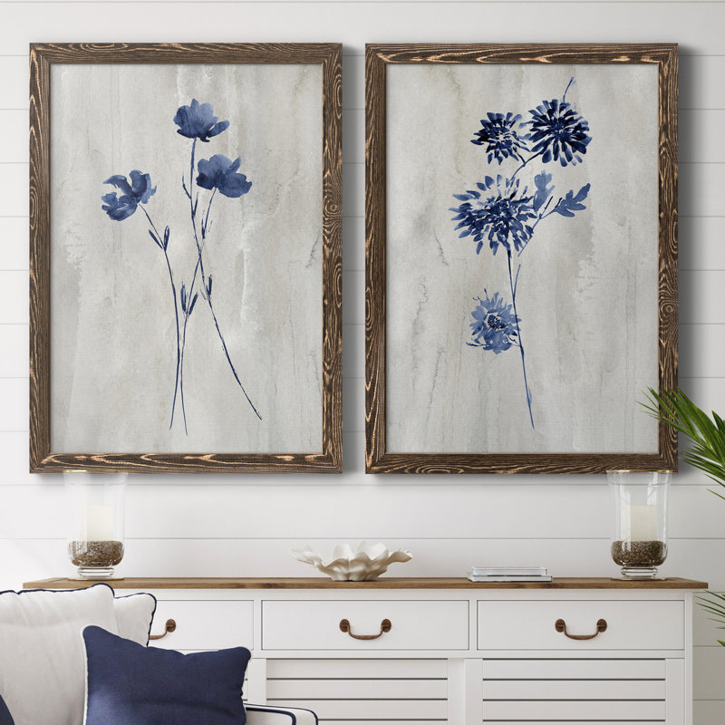 Indigo Botanical III - ensemble de 2 reproductions d'impressions, H 37,5 po x l 55 po x P 1,5 po, Toile avec cadre en noyer