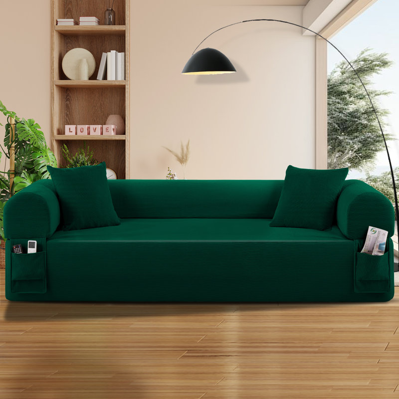 Floor Couch - 3 Seats Compression Sofa with Pillows Hybrid Sofa Pocketed Spring, Green