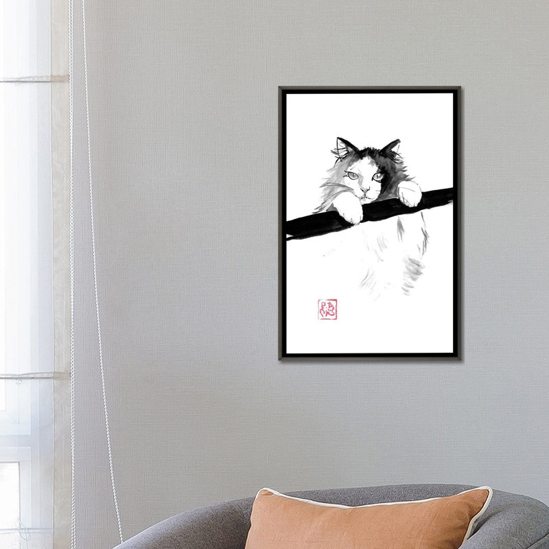 Chat japonais - reproduction d'art murale - toile encadrée, Framed Canvas, 26" x 18", Grey