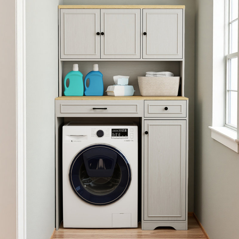 Over The Washer, Dryer And Robot Vacuum Storage Cabinet Suitable For Compact Washing Machines, Laundry Room Storage Organizer With 1 Laundry Basket, 1 Drawer And 2 Adjustable Shelves