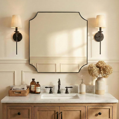  Tariro Contemporary Notched Corner Scalloped Rectangle Bathroom Vanity Mirror | Stainless Steel Frame