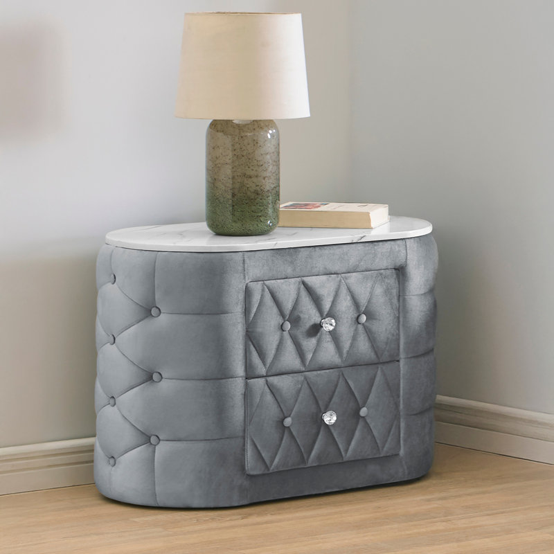 1pc Nightstand Upholstery Fabric Marble Top Two Storage Drawers Wooden Bedroom Furniture Oval , Gray