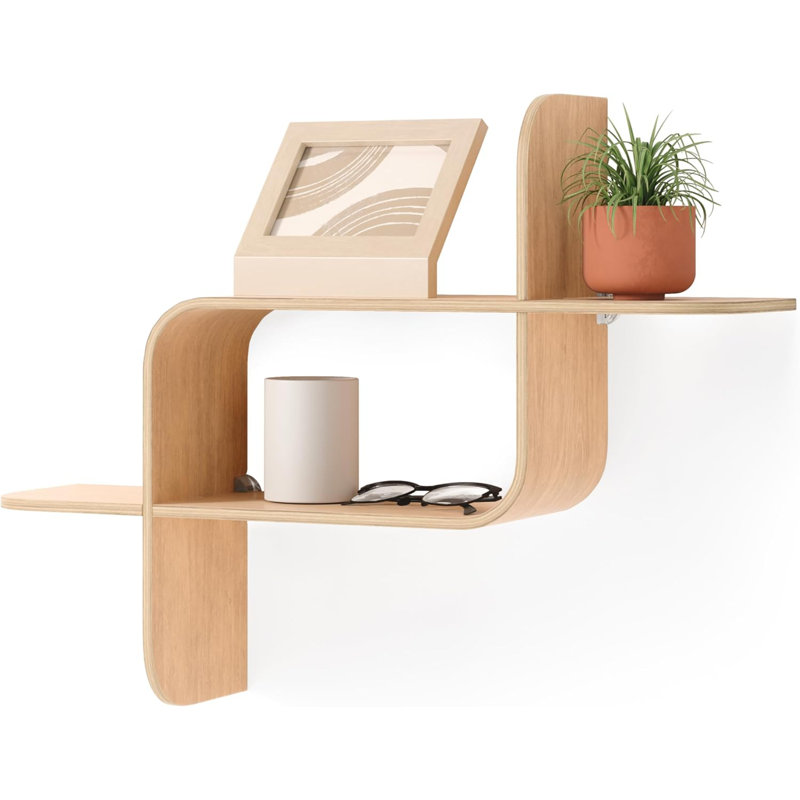 Wall Shelf - Modern Geometric Bentwood Display Shelf For Home Decor - Horizontal Or Vertical Mounting, Light Yellow Wood