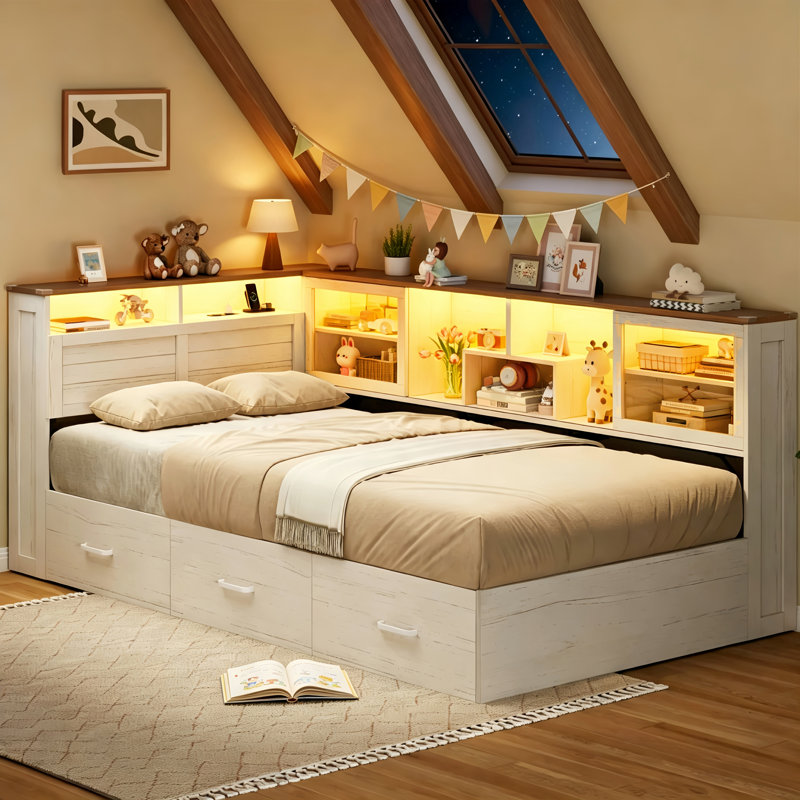 Lit de jour simple avec rangement et tête de lit bibliothèque coulissante en verre, cadre de lit d'angle en bois de style champêtre avec 3 tiroirs de rangement, étagères latérales à 2 niveaux, lumières DEL et station de recharge, lit convertible pour petite chambre, aucun sommier requis