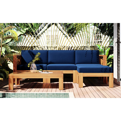 5 Patio Sectional Seating Group With Cushions - Natural Finish, Blue Pillows, Wood Construction, For Outdoor Enjoyment 5 Pieces Cushions, Blue, Wood, Water-, -, For Hiking