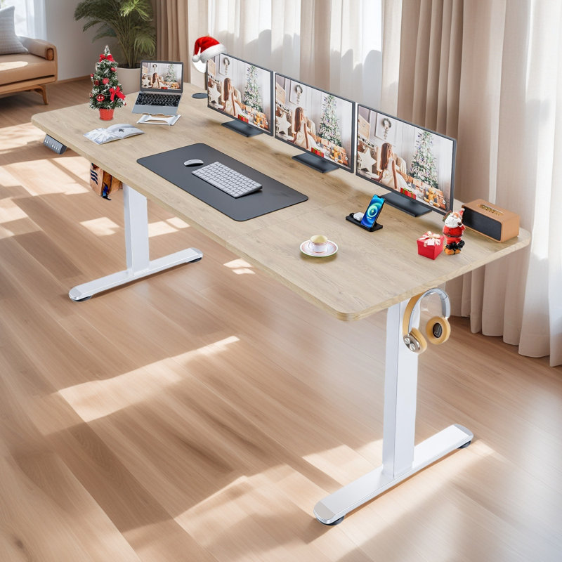 71" Electric Height Adjustable Standing Desk With 4 Lockable Casters, 2 Hooks, Big Mouse Pad, Beige