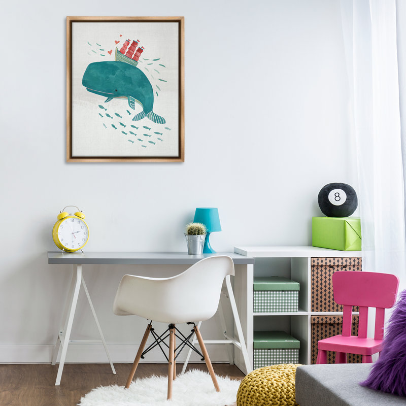 «Whale & Sailboat Diving», art mural encadré flottant par Irene Chan, H 31 po x l 25 po, Cadre flottant noir de jais