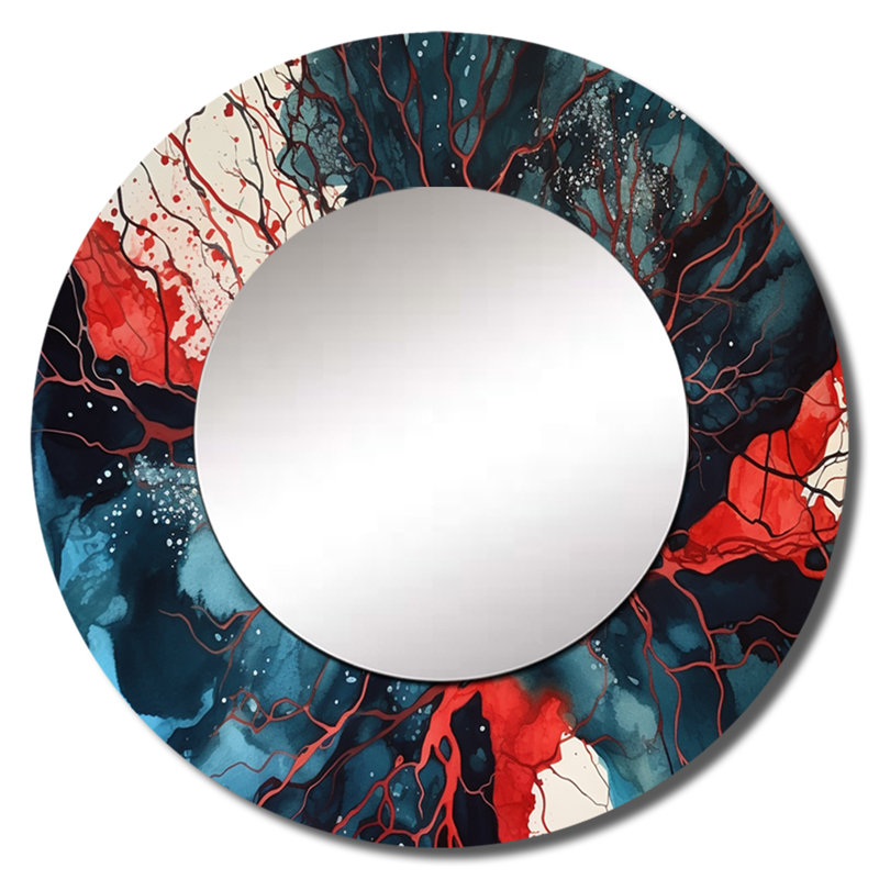Encre liquide captivante Pardeshi bleu rouge III - décor de miroir mural géométrique unique, 36 po x 36 po