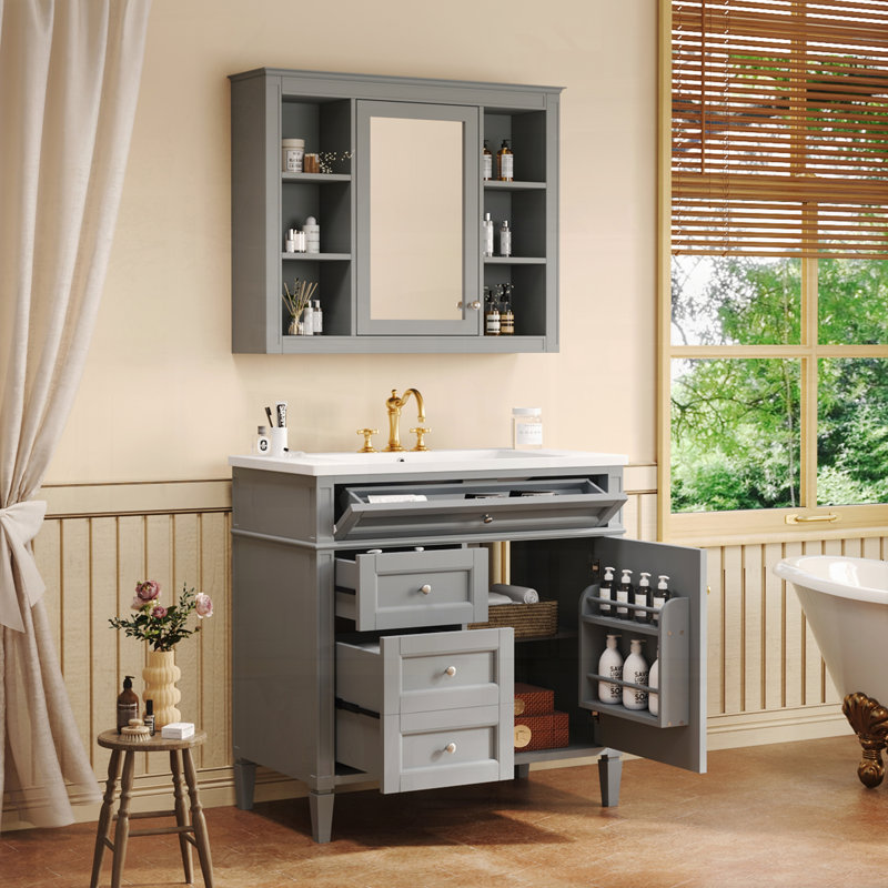 Meuble-lavabo moderne avec armoire à pharmacie et portes à fermeture douce, Gris, Argent argent
