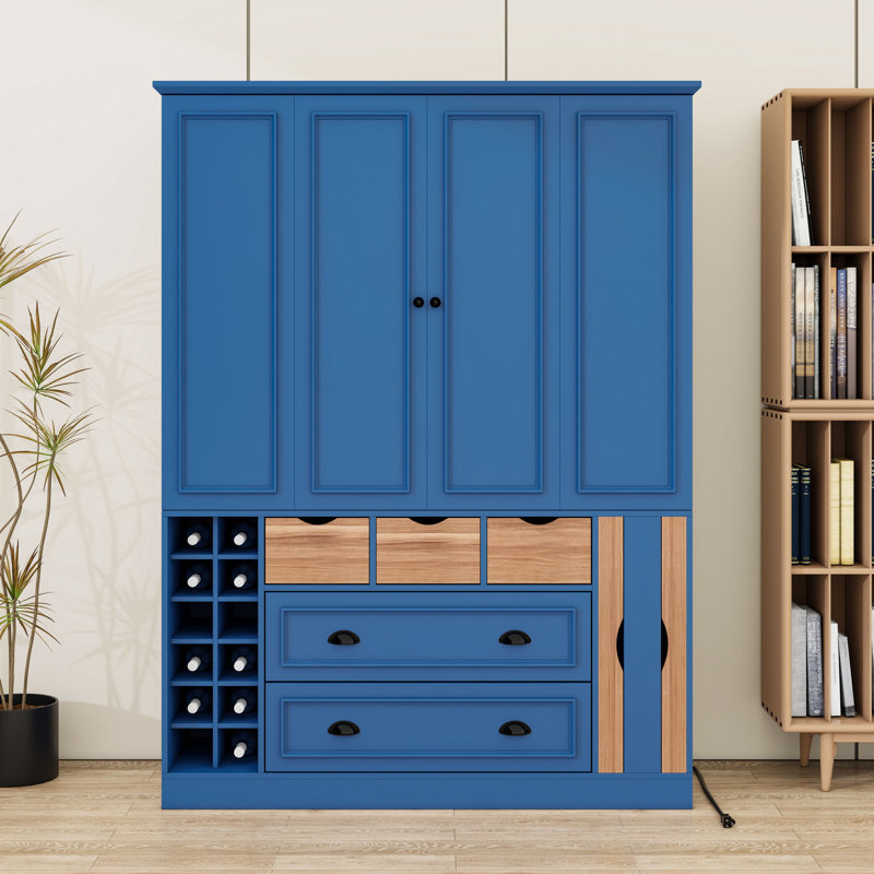 Garde-manger avec tiroirs, ports USB, tablettes et supports à vin, Bleu
