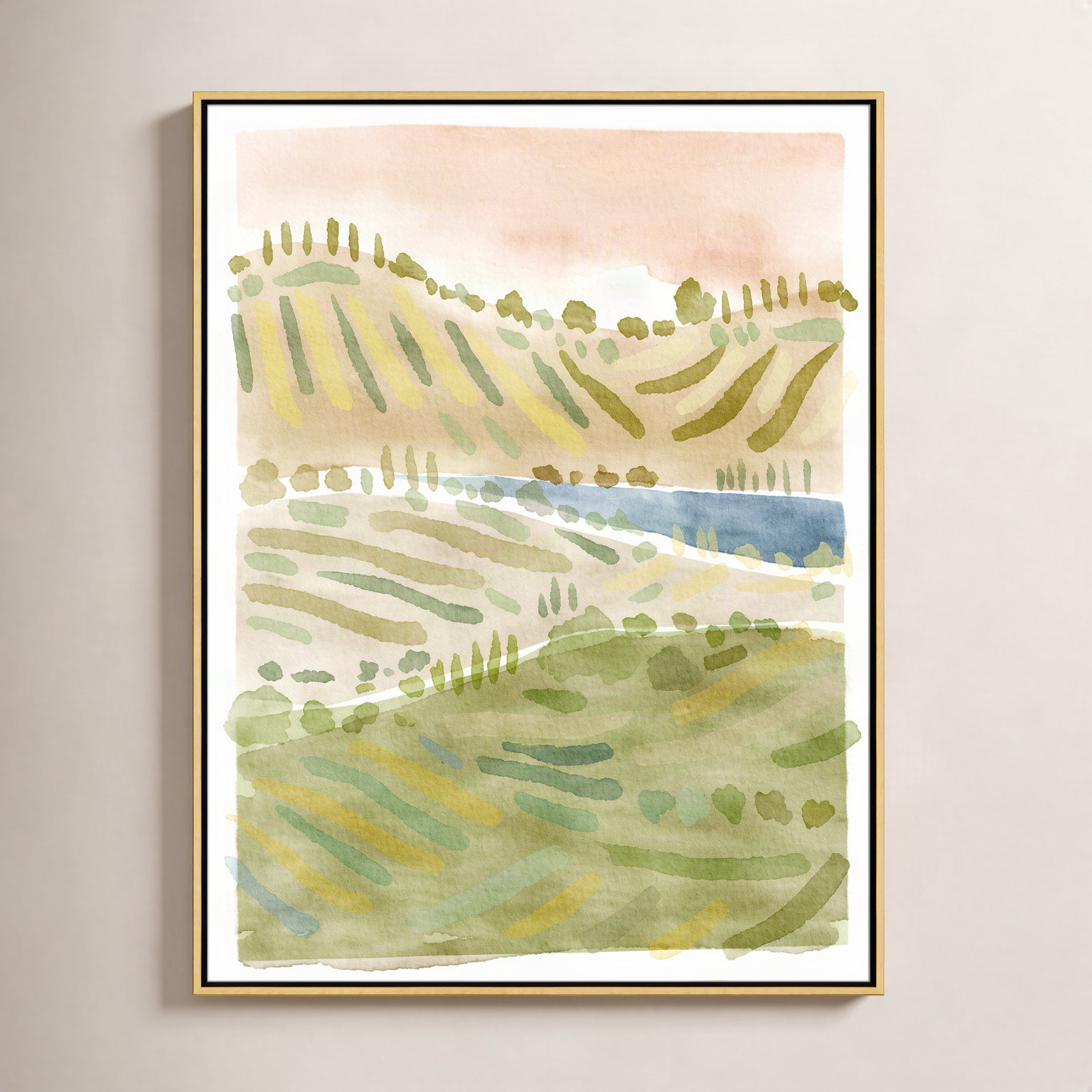 Tuscan Countryside Print, Gold Floater Framed Canvas, No Mat, 41.5" H x 31.5" W x 2" D