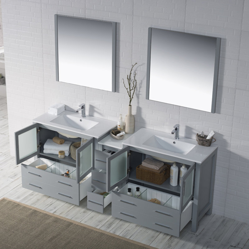 Mance 84.88'' Double Bathroom Vanity with Ceramic Top, Metal Gray